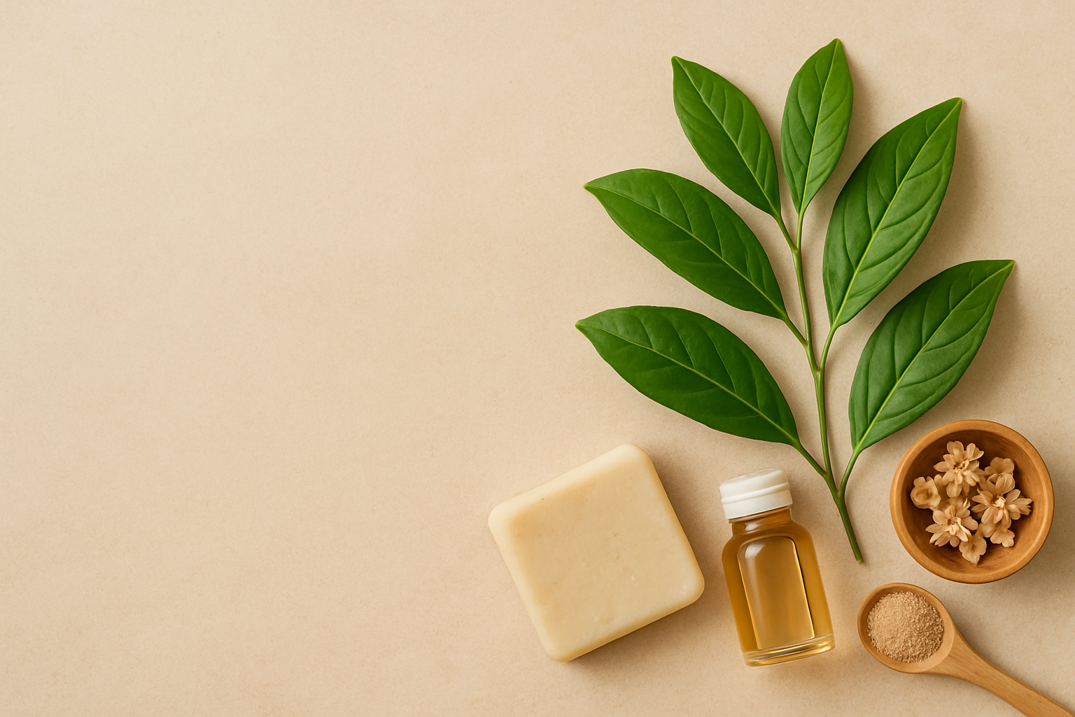 Health and wellness, subtle, beige, main images on the right side, including something with green leaves